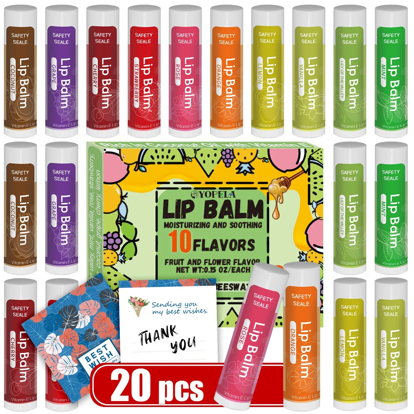 20 Pack Natural Lip Balm Bulk with Vitamin E Coconut Oil Moisturizing Soothing Repairing Dry Chapped Lips Make up