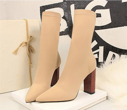 Size 42 43 Women Ankle Boots Square High Heels Pumps Fall Fashion Comfort Stretch Fabric Sock Boot Femme Party Dress Shoes