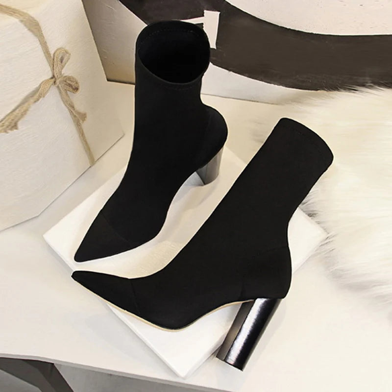 Size 42 43 Women Ankle Boots Square High Heels Pumps Fall Fashion Comfort Stretch Fabric Sock Boot Femme Party Dress Shoes