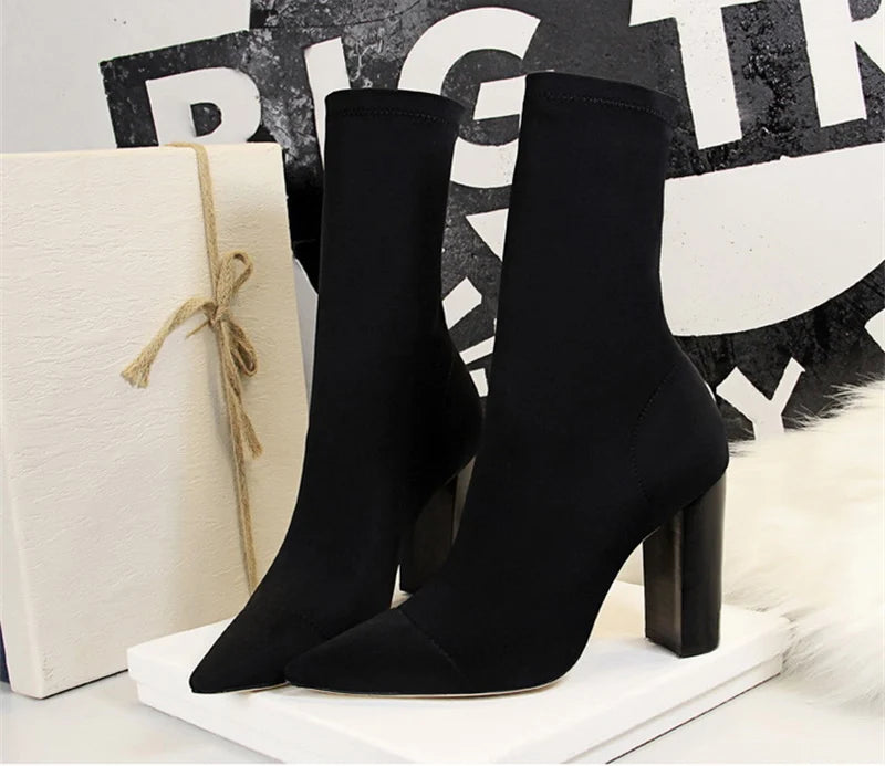 Size 42 43 Women Ankle Boots Square High Heels Pumps Fall Fashion Comfort Stretch Fabric Sock Boot Femme Party Dress Shoes