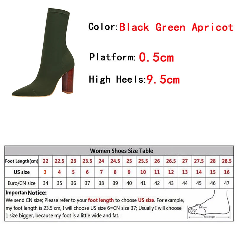 Size 42 43 Women Ankle Boots Square High Heels Pumps Fall Fashion Comfort Stretch Fabric Sock Boot Femme Party Dress Shoes