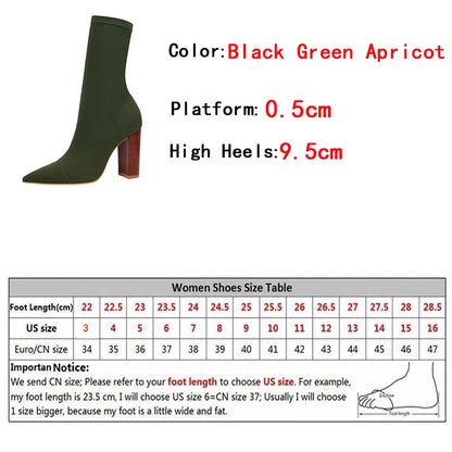 Size 42 43 Women Ankle Boots Square High Heels Pumps Fall Fashion Comfort Stretch Fabric Sock Boot Femme Party Dress Shoes