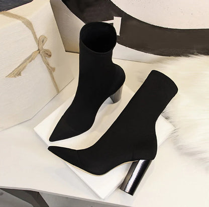 Size 42 43 Women Ankle Boots Square High Heels Pumps Fall Fashion Comfort Stretch Fabric Sock Boot Femme Party Dress Shoes