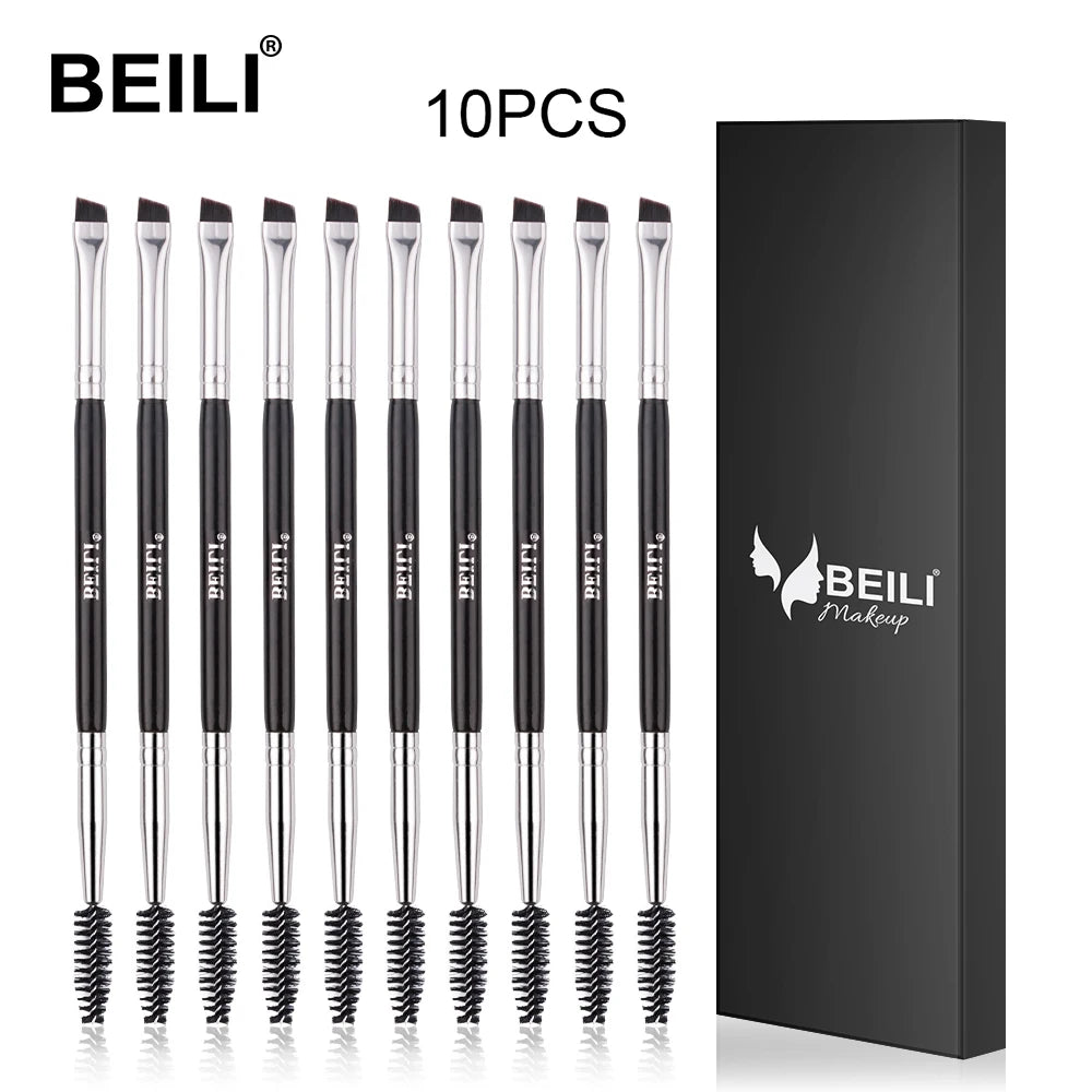 BEILI 10 pcs Black Professional Double Headed Eyebrow Eyelash Makeup Brushes Thin Hair Wholesale Angled Eyebrow Make Up Brush