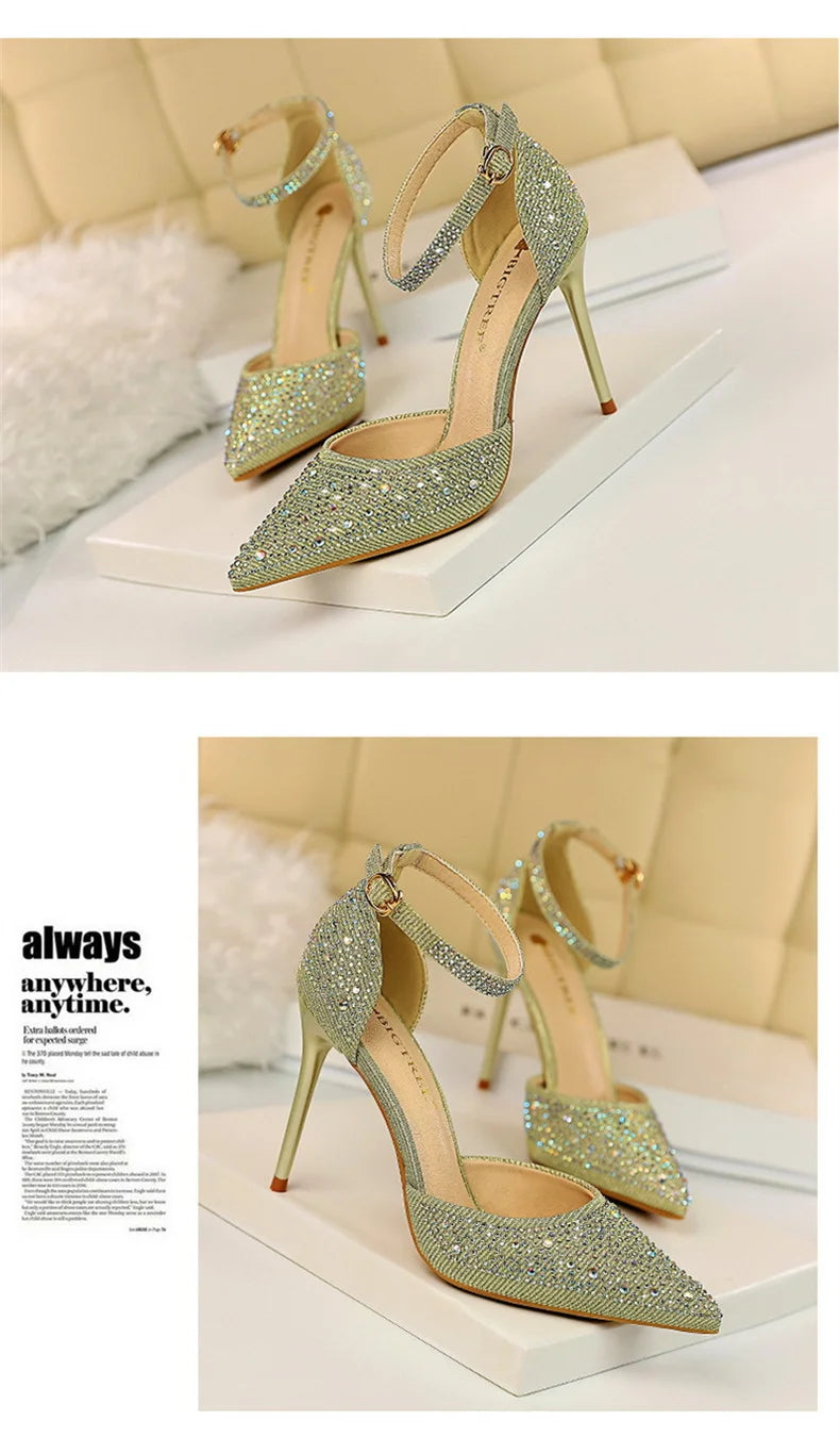 Korean Version Shiny Rhinestones High Heels Shoes Women Pumps Stiletto Sweet Heels Hollow Wedding Sandals 10 Cm Nightclub 283-16