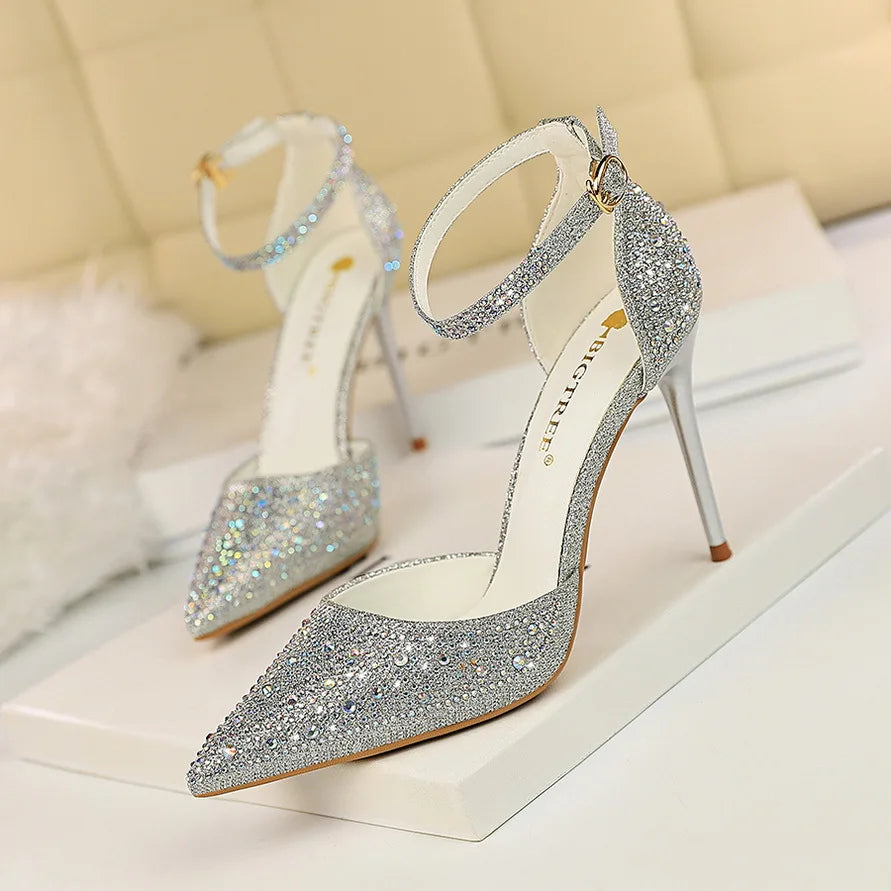 Korean Version Shiny Rhinestones High Heels Shoes Women Pumps Stiletto Sweet Heels Hollow Wedding Sandals 10 Cm Nightclub 283-16