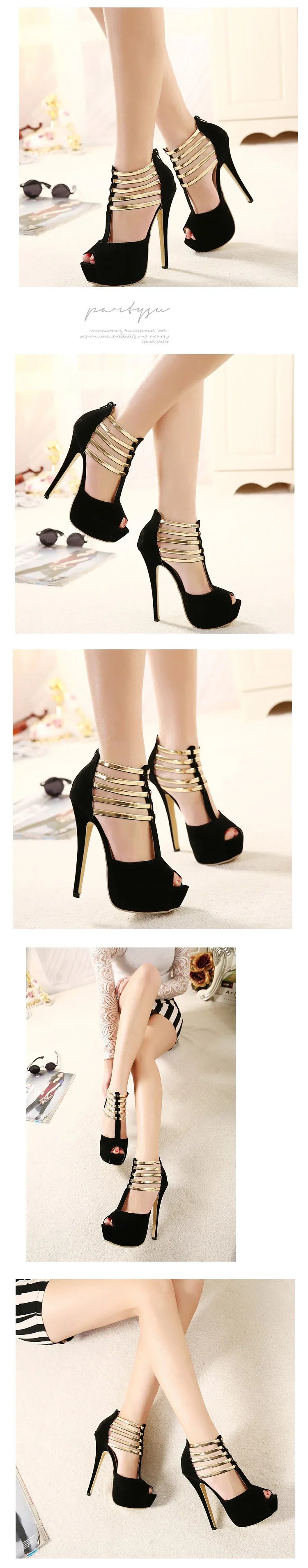 Sexy High Heels Women Stilettos Platform Elegant Metal Woman Wedding Pumps Black Red Medium Heel Shoes Summer Large Size 34 45