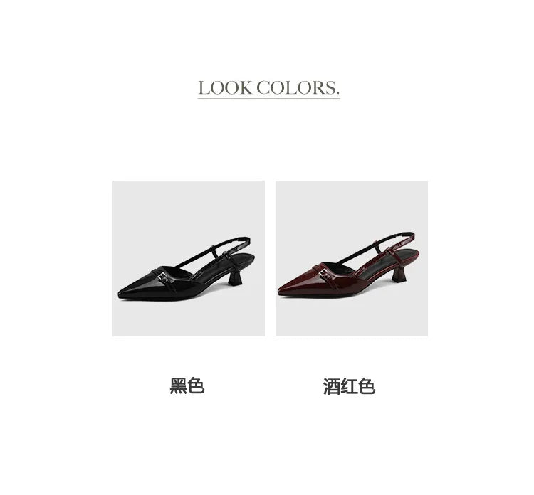 2024 New Summer Women's Dress Shoes Patent Leather Slip on Pointed Toe Sandals Buckle Slingbacks Mid Heels Pumps Sandalias Mujer