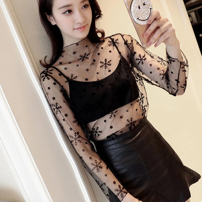 Black Mesh See Through Top For Women Sexy Transparent Top Summer Sun-proof Clothing Thin Long Sleeve Ladies Lace Blouse T-shirt