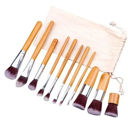 11pcs Natural Bamboo Handle Makeup Brushes Set High Quality Foundation Blending Cosmetic Make Up Tool Set With Cotton Bag