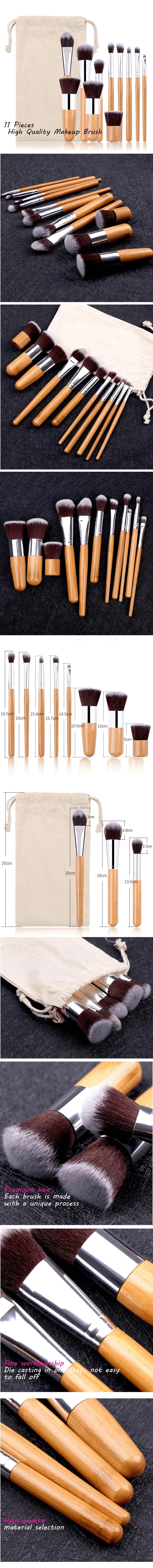 11pcs Natural Bamboo Handle Makeup Brushes Set High Quality Foundation Blending Cosmetic Make Up Tool Set With Cotton Bag