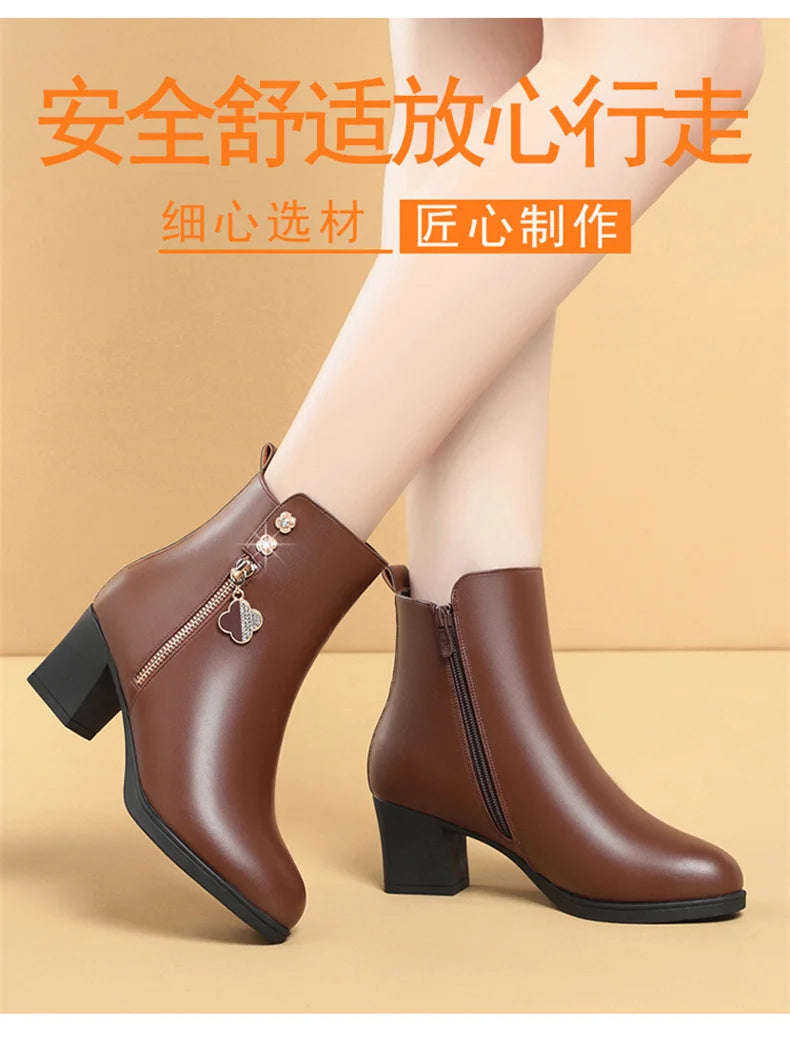 Women Leather Boots Genuine Leather Plush Boots Winter Warm Thick Heel Brand High-heeled Fashion Snow Boots Women Short Boots