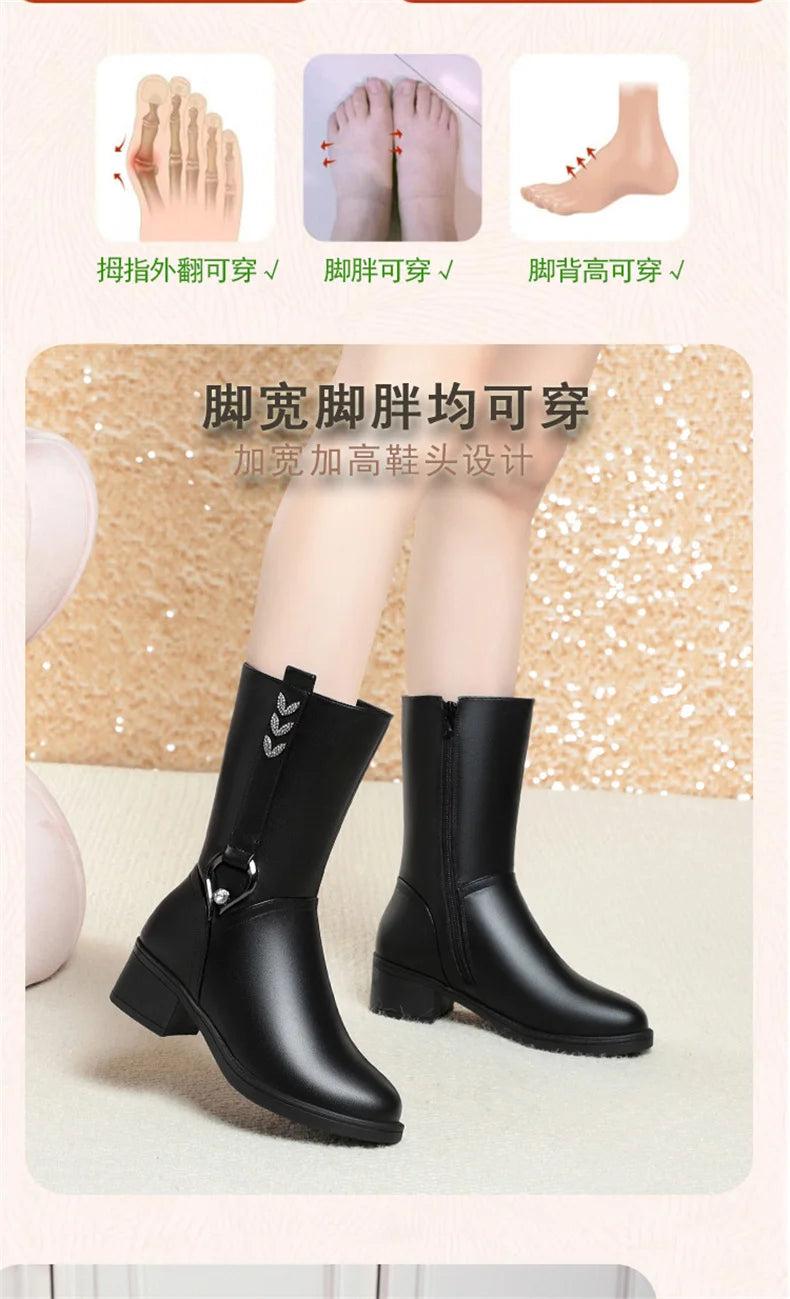 Mid-tube Women's Winter Warm Ankle Boots Soft Leather Thick-heeled New Mother Round Toe Fashion Elegant Cotton Boots