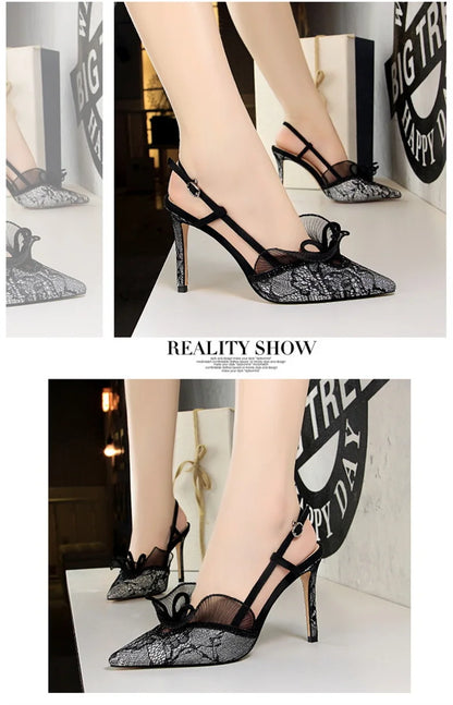 Fashion Women Sandals Mesh Rhinestone Lace Hollow Kitten Pumps Stilettos Summer 313-5Thin High Heel Single Shoes Grace Slippers