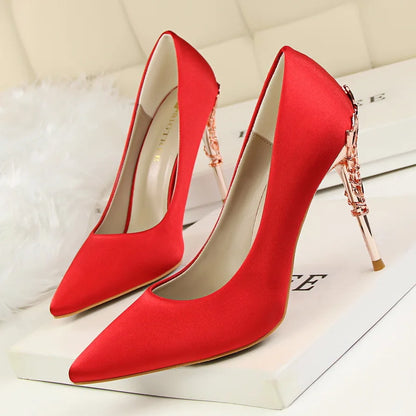 Woman Metal Heels Satin Silk Dress Fashion Pumps Lady Wedding Bridal Catwalk Orange Green Wine Red Pointed Tip Shoes 9219-2