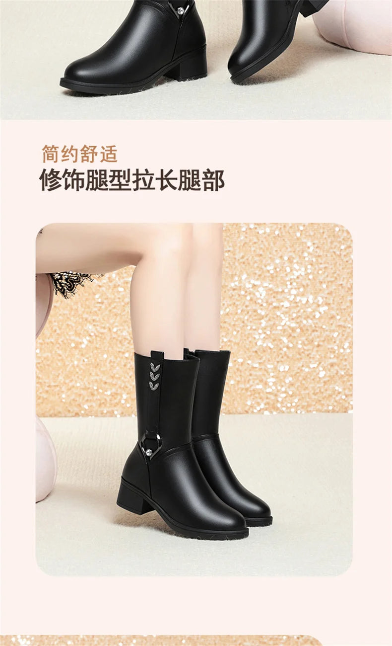 Mid-tube Women's Winter Warm Ankle Boots Soft Leather Thick-heeled New Mother Round Toe Fashion Elegant Cotton Boots