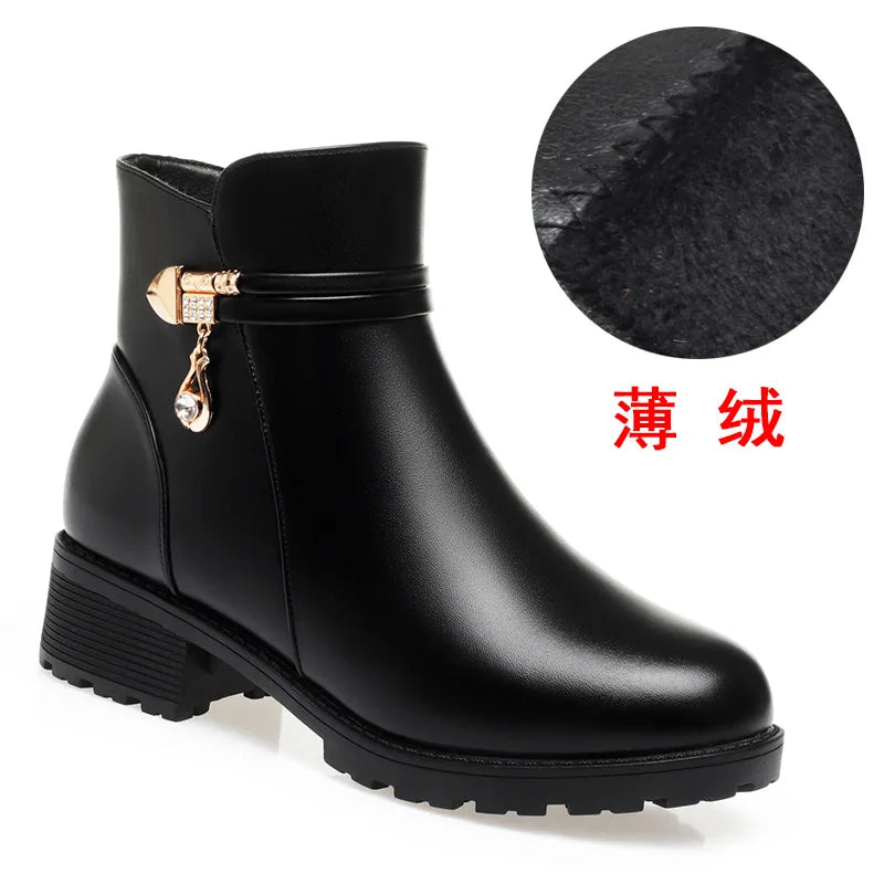 New Winter Women Boots Rhinestone Leather Boots Autumn Winter Warm Cotton Shoes Low Heel Round Head Side Zip Footwear Anti-slip