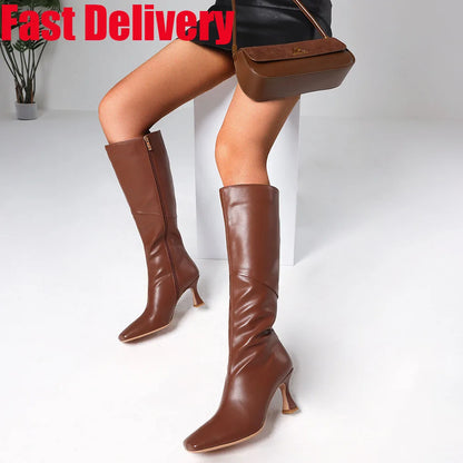 Knee High Boots Women Square Toe Kitten High Heel Tall Boots Fashion Side Zipper Stiletto Heel Long Boots