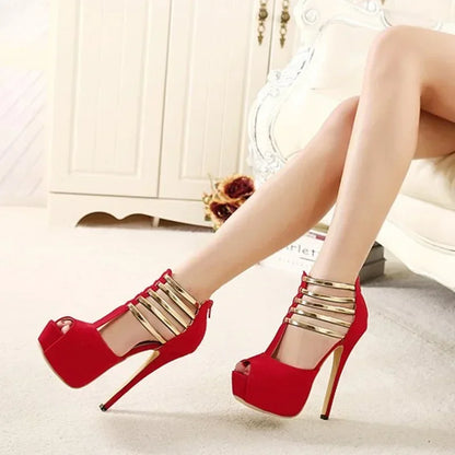 Sexy High Heels Women Stilettos Platform Elegant Metal Woman Wedding Pumps Black Red Medium Heel Shoes Summer Large Size 34 45