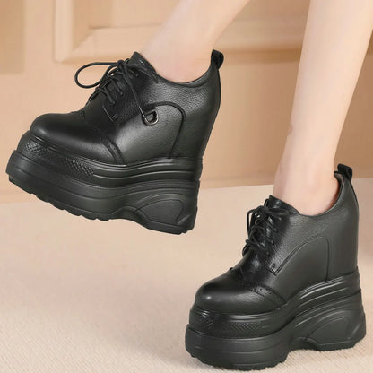 16cm High Heel Vulcanized Shoes Plus Size Boots Women Genuine Leather Wedges Pumps Female Round Toe Punk Sneakers Big Size Shoes