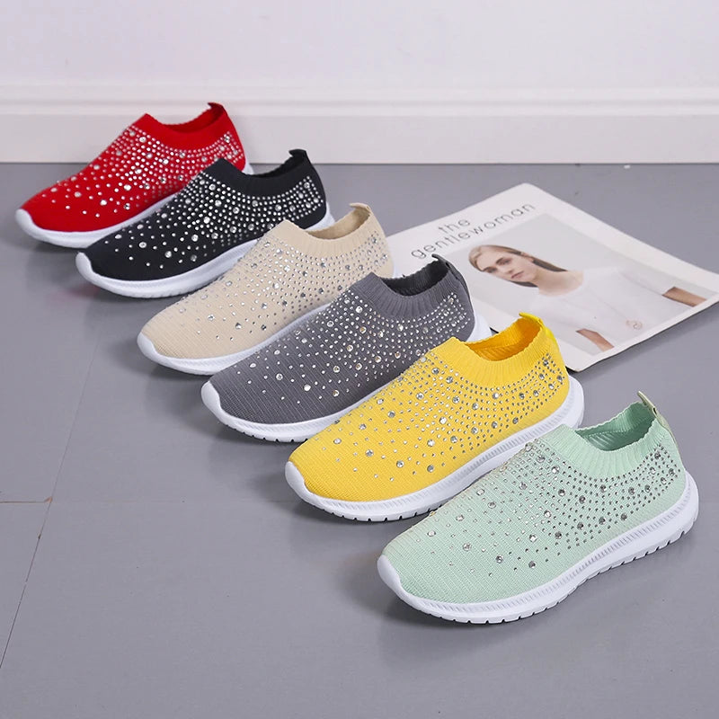 Rimocy Crystal Breathable Mesh Sneaker Shoes for Women Comfortable Soft Bottom Flats Plus Size 43 Non Slip Casual Shoes Woman