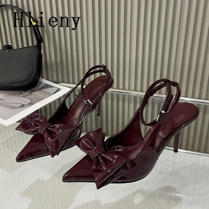 Hlieny Wine Red Ankle Strap Stilettos For Woman Patent Leather Bow Pointed Toe Slingbacks High Heels Sandals Women Pumps Shoes