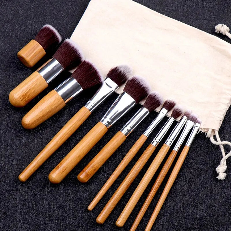 11pcs Natural Bamboo Handle Makeup Brushes Set High Quality Foundation Blending Cosmetic Make Up Tool Set With Cotton Bag