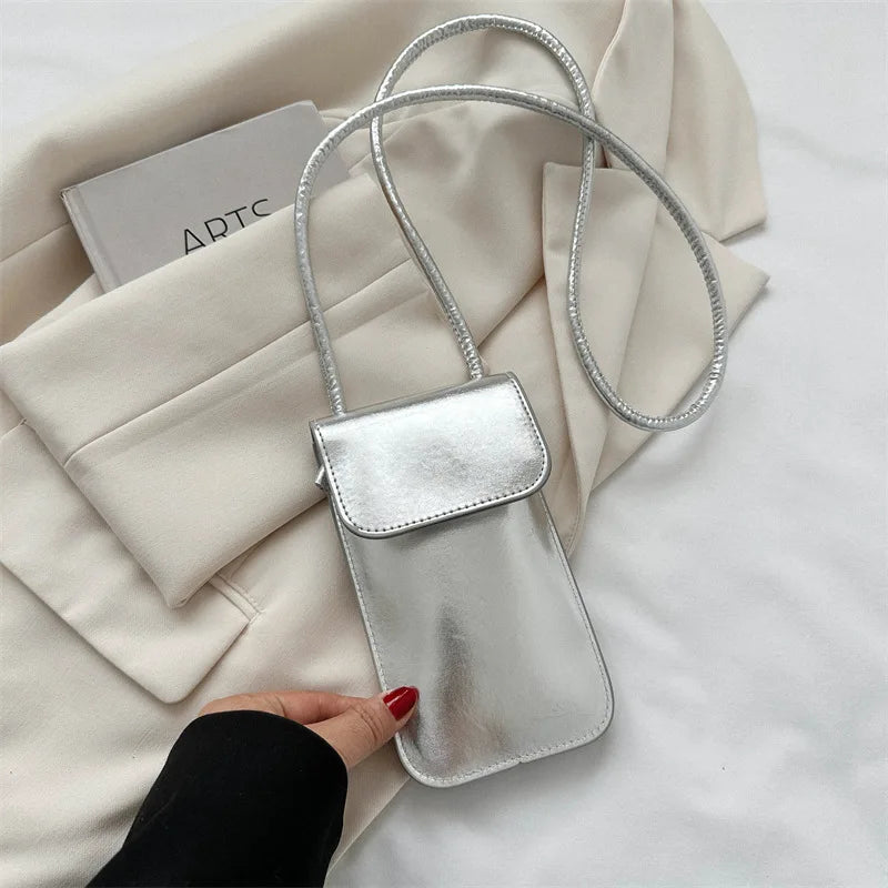 Fashion Versatile Metallic Glossy Shoulder Crossbody for Women Silver Gold PU Mini Bag Portable Lipstick Bag Mobile Phone Bag