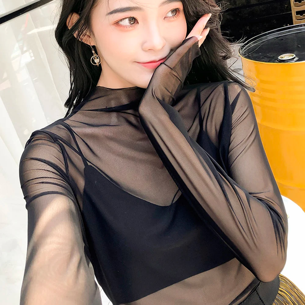 Black Mesh See Through Top For Women Sexy Transparent Top Summer Sun-proof Clothing Thin Long Sleeve Ladies Lace Blouse T-shirt