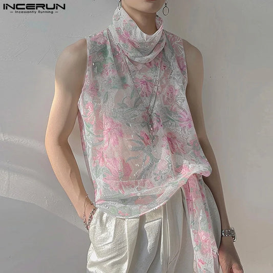 INCERUN Men Tank Tops Flower Printing Turtleneck Sleeveless Chiffon Transparent Male Vests Streetwear 2025 Stylish Men Clothing