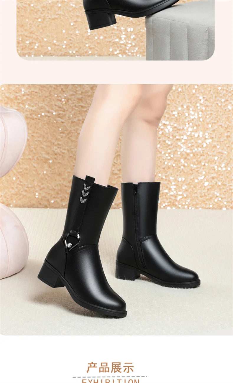 Mid-tube Women's Winter Warm Ankle Boots Soft Leather Thick-heeled New Mother Round Toe Fashion Elegant Cotton Boots