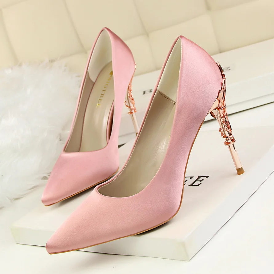 Woman Metal Heels Satin Silk Dress Fashion Pumps Lady Wedding Bridal Catwalk Orange Green Wine Red Pointed Tip Shoes 9219-2