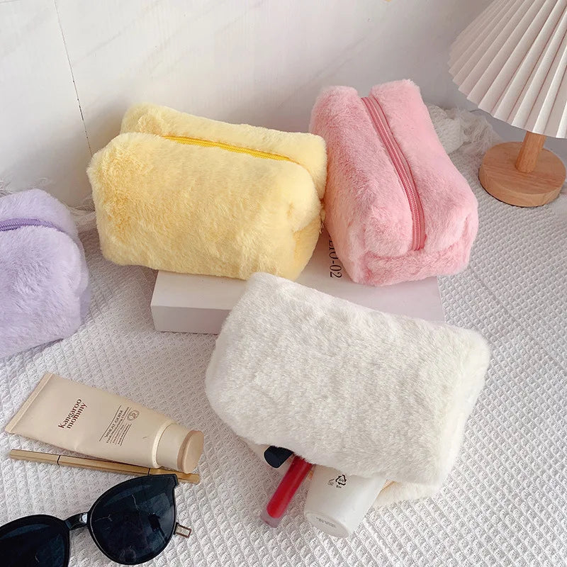 Solid Fur Cosmetic Storage Bag Large Women Zipper Makeup Organizer Handbag Stationery Pencil Case Travel Make Up Toiletry Punch