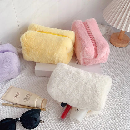 Solid Fur Cosmetic Storage Bag Large Women Zipper Makeup Organizer Handbag Stationery Pencil Case Travel Make Up Toiletry Punch