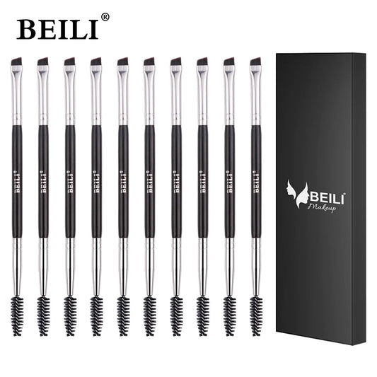 BEILI 10 pcs Black Professional Double Headed Eyebrow Eyelash Makeup Brushes Thin Hair Wholesale Angled Eyebrow Make Up Brush