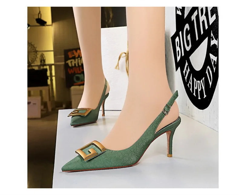 Metal Square Buckle Thin Heel Party Shoes Black Green White Woman Pointed Toe Hollow Back Strap Pumps Middle Heel Sandals