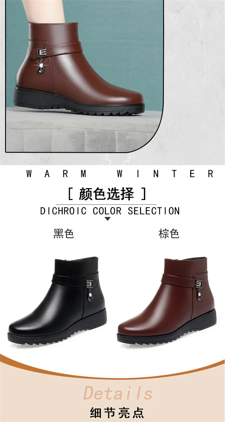 Autumn Winter Mum Warm Cotton Soft Shoes Women  Fleece Side Zip Thick Bottom Short Boots Leisure Round Head Flats Boots