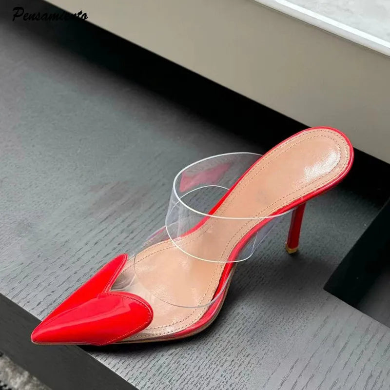 Elegant Pointed Toe Transparent PVC Heart High Heels Mules Slipper Shoes Women 2024 Black White Red Shoes Luxury Designer Pumps