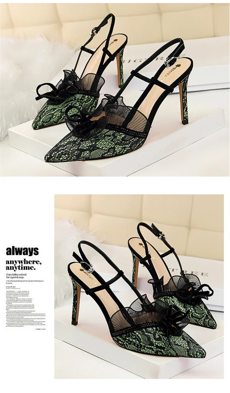 Fashion Women Sandals Mesh Rhinestone Lace Hollow Kitten Pumps Stilettos Summer 313-5Thin High Heel Single Shoes Grace Slippers