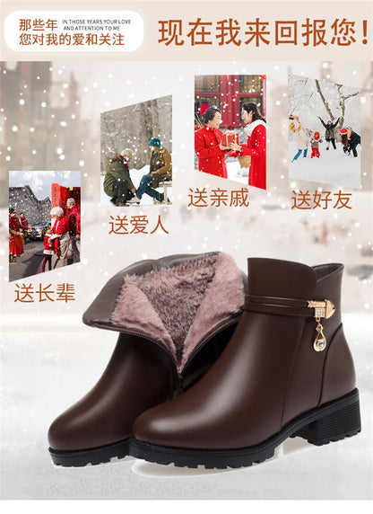 New Winter Women Boots Rhinestone Leather Boots Autumn Winter Warm Cotton Shoes Low Heel Round Head Side Zip Footwear Anti-slip