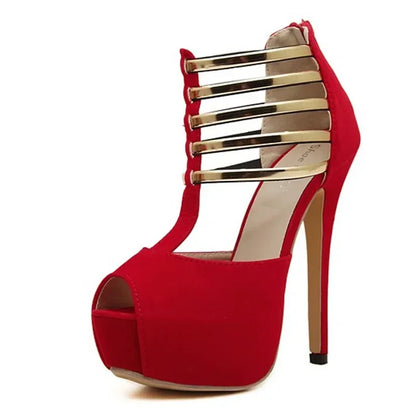 Sexy High Heels Women Stilettos Platform Elegant Metal Woman Wedding Pumps Black Red Medium Heel Shoes Summer Large Size 34 45