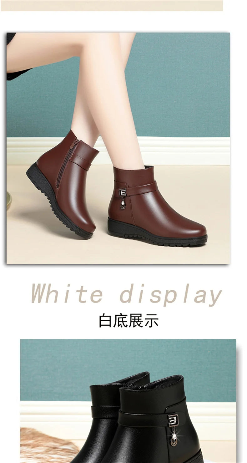 Autumn Winter Mum Warm Cotton Soft Shoes Women  Fleece Side Zip Thick Bottom Short Boots Leisure Round Head Flats Boots