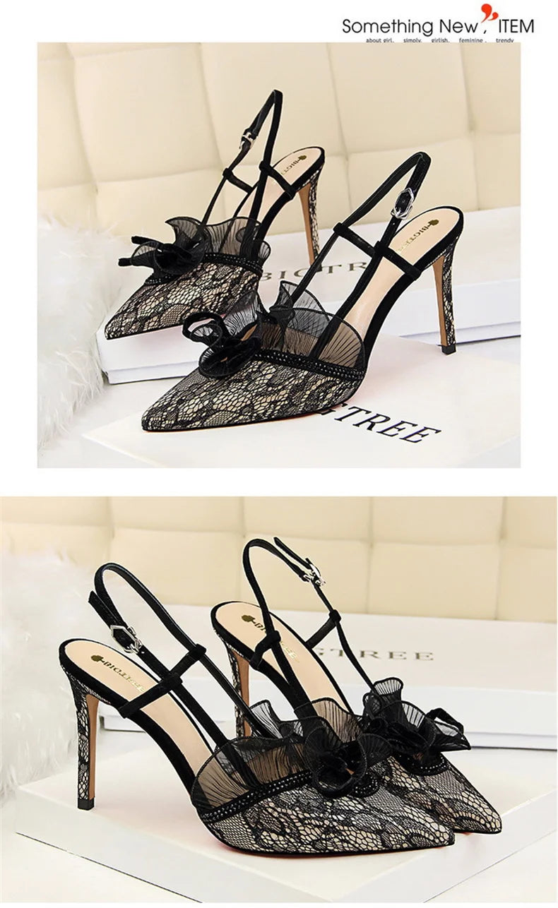 Fashion Women Sandals Mesh Rhinestone Lace Hollow Kitten Pumps Stilettos Summer 313-5Thin High Heel Single Shoes Grace Slippers