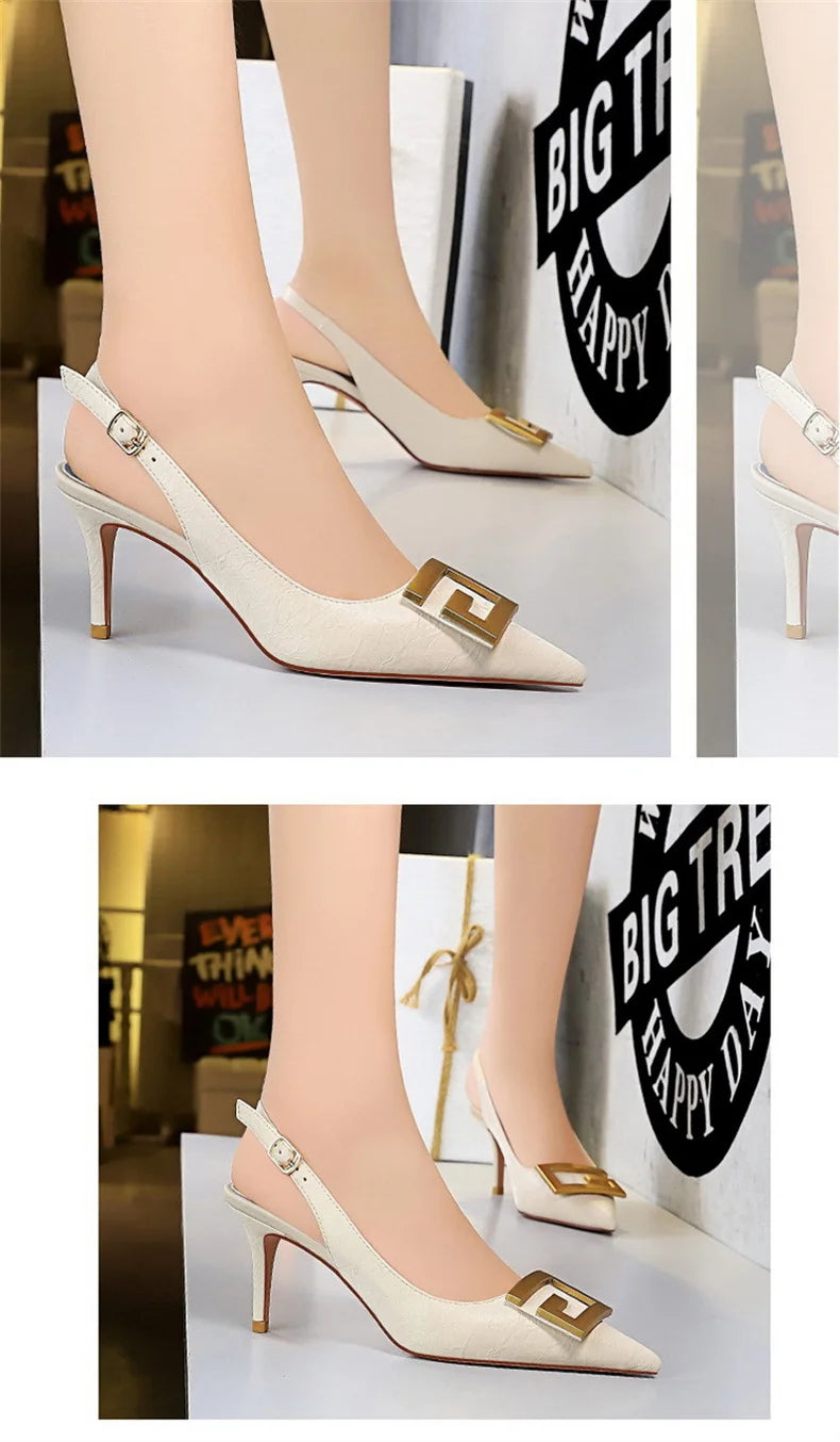 Metal Square Buckle Thin Heel Party Shoes Black Green White Woman Pointed Toe Hollow Back Strap Pumps Middle Heel Sandals