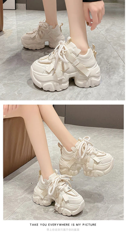 Fashion Chunky Sneakers Women Autumn Lace Up Platform Sports Shoes 7.5CM Thick Bottom High Heels Female Leather Sneakers Woman