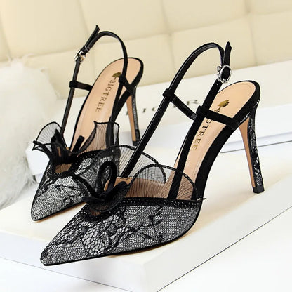 Fashion Women Sandals Mesh Rhinestone Lace Hollow Kitten Pumps Stilettos Summer 313-5Thin High Heel Single Shoes Grace Slippers