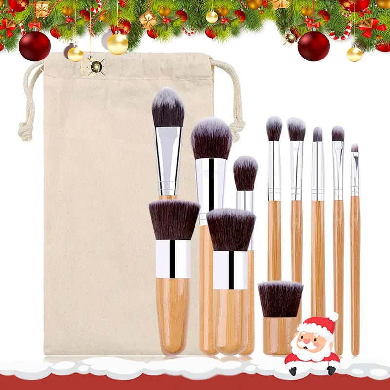 11pcs Natural Bamboo Handle Makeup Brushes Set High Quality Foundation Blending Cosmetic Make Up Tool Set With Cotton Bag