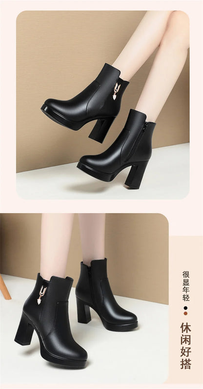 Autumn Winter Women Platform Shoes Warm Fleece Waterproof Short Leather Boots Luxury Black Super Office High Heel Ankle Boots