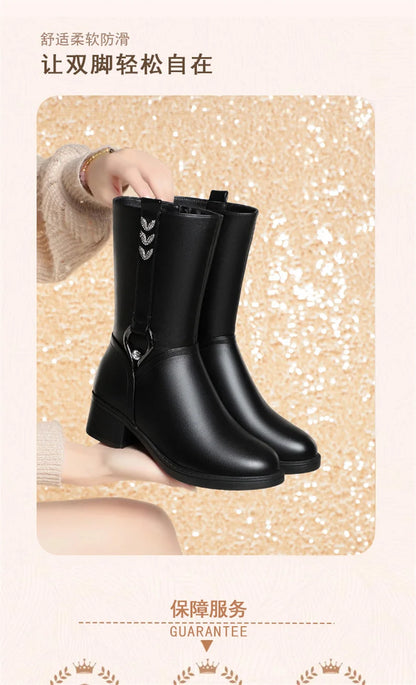 Mid-tube Women's Winter Warm Ankle Boots Soft Leather Thick-heeled New Mother Round Toe Fashion Elegant Cotton Boots