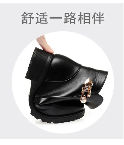 New Winter Women Boots Rhinestone Leather Boots Autumn Winter Warm Cotton Shoes Low Heel Round Head Side Zip Footwear Anti-slip